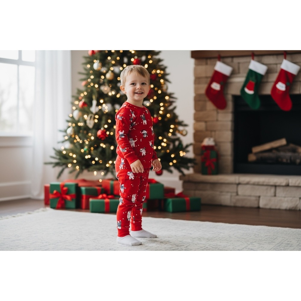Kids Old Navy Red Polar Bear Skiing Pajama Set Size 2T‎ Long Sleeve Pants